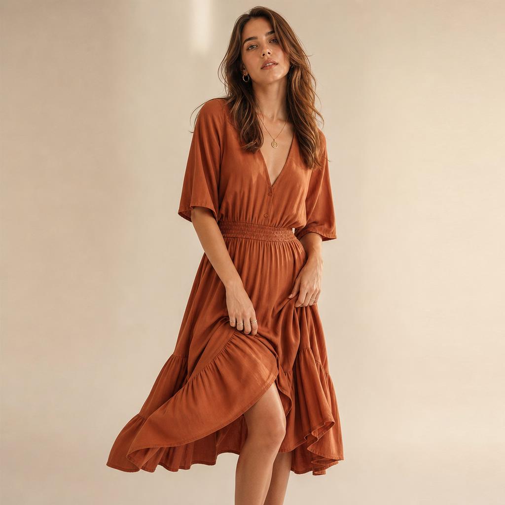 Woman in terracotta dress