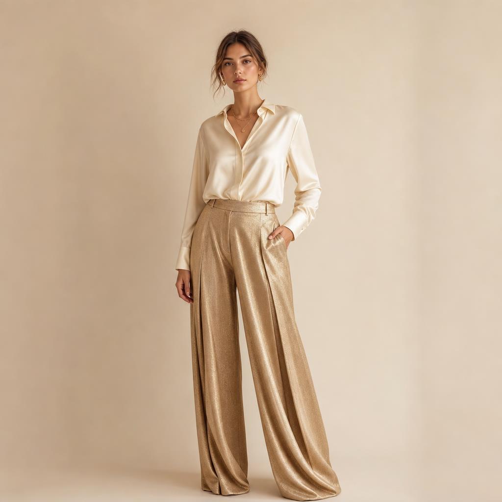 Woman in ivory blouse outfit